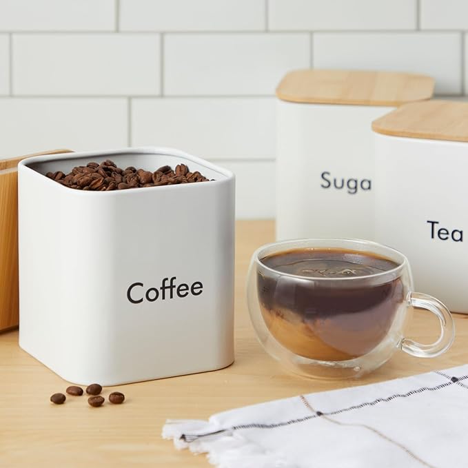 Juvale Coffee Bean Storage Canisters for Countertop - 3-Piece White Iron 48 oz Set - Silicone Seal Lids for Freshness - Sugar Jar & Tea Organizer - Coffee Bar Accessories & Countertop Organization