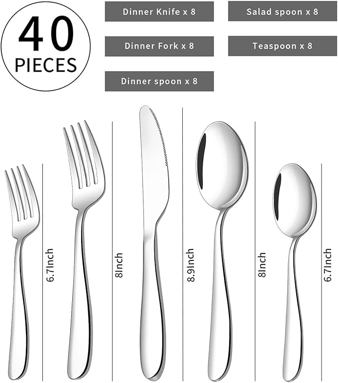 40-piece Silverware Set for 8, Stainless Steel Flatware Cutlery Set, Kitchen Utensil Tableware sets Include Spoon, Fork & Knife for Home, Dishwasher Safe