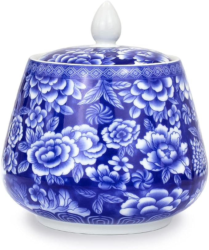 Dahlia Blue and White Porcelain Tea Canister for Loose Tea, Airtight Jingdezhen Tea Caddy, Peony 850 ML