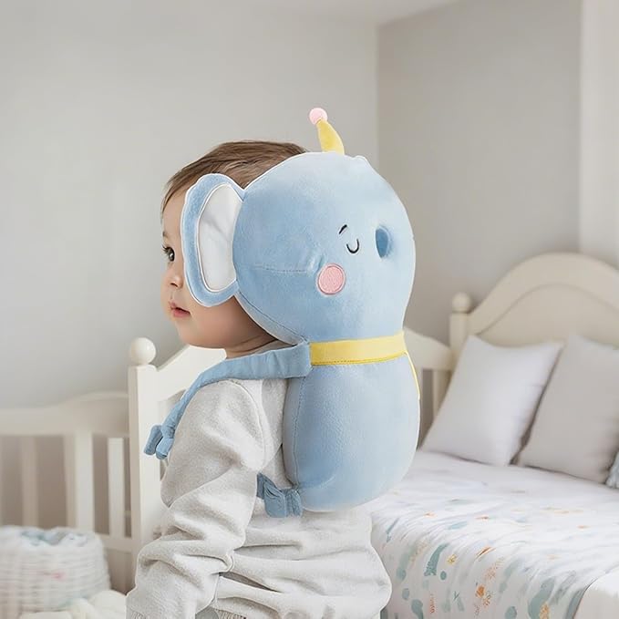 Baby Head Protector Backpack Memory Foam,Toddler Baby Walker Head Protection Safety Pad, 3-Sided Fall Head Safety Protection(Blue-Elephant)
