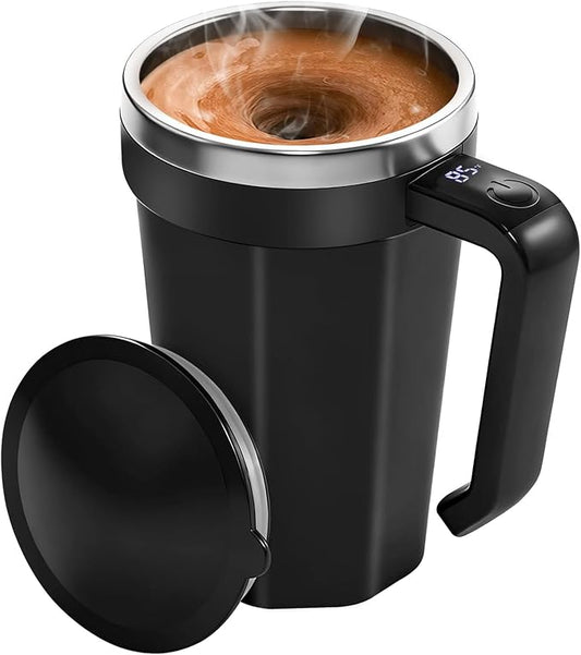 Self Stirring Coffee Mug with Temperature Display, 18 oz Rechargeable Self Stirring Mug with Lid, Automatic Self Stirring Cup, Coffee Mug with Stainless Steel for Coffee, Milk, Beverages, Black