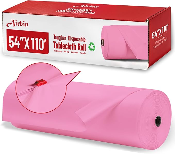 Plastic Table Cloth, 110 Ft X 54 in Plastic Table Cloth Disposable Pink Tablecloth with Any Cut Sliding Cutters Premium PEVA Disposable Tablecloth for Picnics, Parties, Birthdays, Festivals