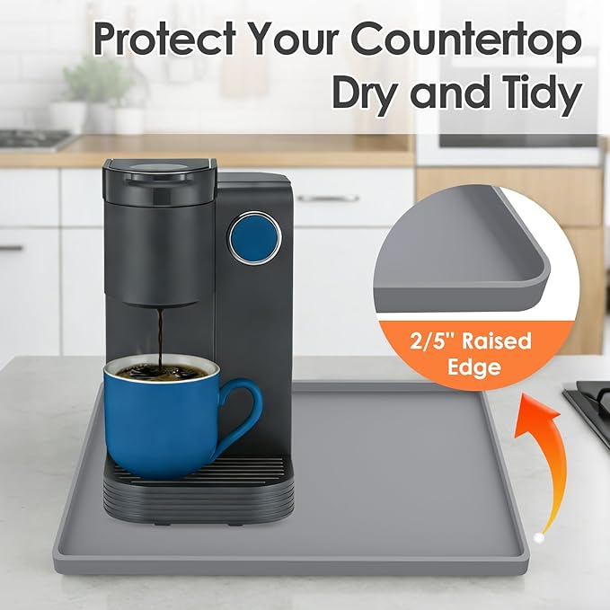 TOHONFOO Silicone Coffee Maker Mat with Lip, 15.7'' x 11.8'' Heavy Duty Coffee Maker Mat for Countertops, Coffee Tray Fit Under Coffee Machine Appliance Automatic Machines Espresso Accessory, Grey