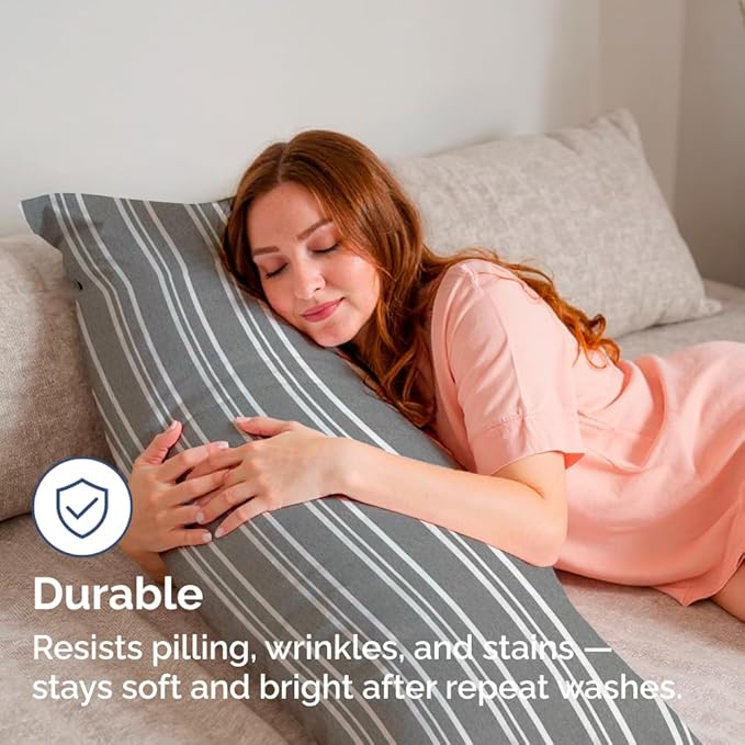 Body Pillowcases Set of 2-20x54 Long Body Pillow Case - Soft Body Pillow Cover for Sleeping & Side Sleepers - Comfy, Wrinkle & Fade Free - Machine Washable w/Envelope Enclosure Grey Stripes 3