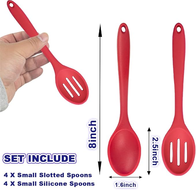 8 Pcs Heat Resistant Non Stick Silicone Serving Spoons Set -Ideal for Cooking, Baking, Mixing, Stirring Includes Slotted & Solid Spoons, Design for Nonstick Cookware (Red)