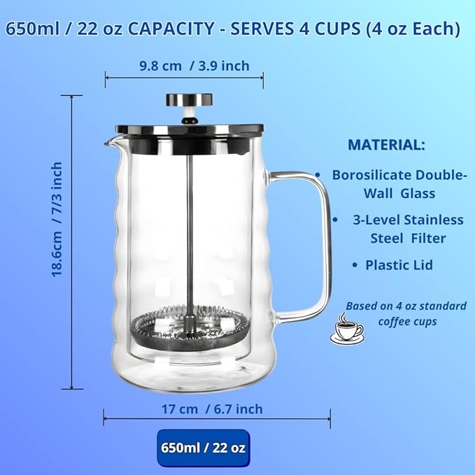 Glass French Press Coffee Maker, Double-Wall Borosilicate Glass Coffee Press with Stainless Steel Mesh Filter, Manual Coffee Brewer & Tea Press, Wavy-Design French Press 22oz (Serves 4–5 Cups)