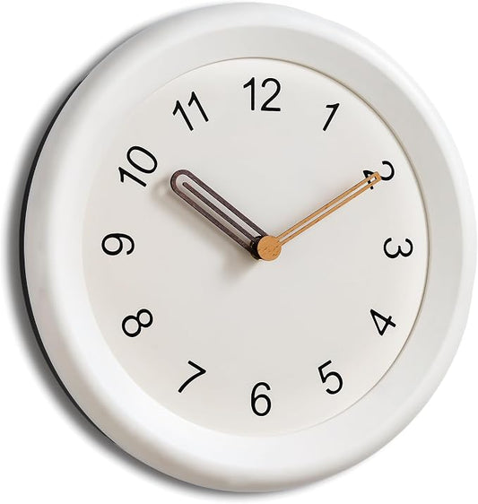 Mosewa 10 Inch White Wall Clock Silent Non-Ticking Quartz Battery Operated Analog Clock with Wood Hands, Easy to Read Minimalist Round Clock for Kitchen Living Room Bedroom Office