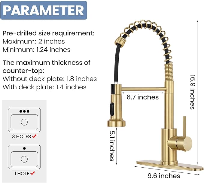 DJS Kitchen Faucets with Soap Dispenser - Dual Mode Setting Single Handle 1 or 3 Holes Commercial Black Kitchen Sink Faucet with Deck Plate for Farmhouse RV Vessel Basin (Brush Gold)