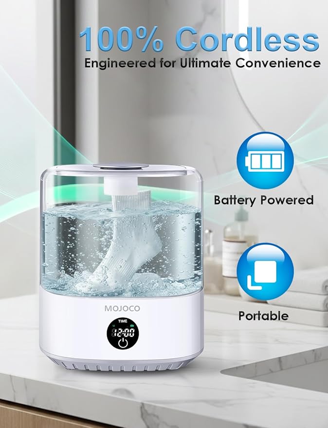 MOJOCO Mini Washing Machine - 3L Small Portable Washing Machine with 3 Wash Modes for Underwear, Socks & Baby Clothes - Rechargeable Countertop Mini Washer for Dorms, Hotels, Travel & Camping
