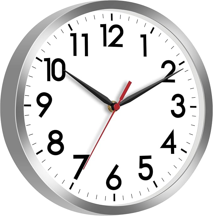 AKCISOT 8 Inch Wall Clock, Battery Operated Analog Clock, Silent Non-Ticking, Ideal for Bedroom, Bathroom, Kitchen, Office and School, Silver