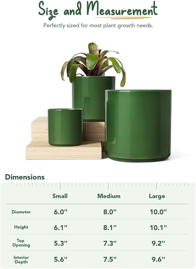 LE TAUCI 10+8+6 Inch Ceramic Pots for Plants, Indoor Planters with Drainage Hole and Plug, Modern Cylinder Flower Pots Set of 3 for Living Room and Kitchen, Glossy, Bamboo Green