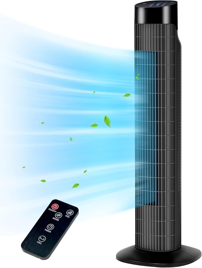 Uthfy Tower Fan with Remote, Portable 120° Oscillating Standing Fan, 3 Speeds & 3 Modes, 7.5H Timer, Fans That Blow Cold Air for Bedroom, Living Room, Office, Black
