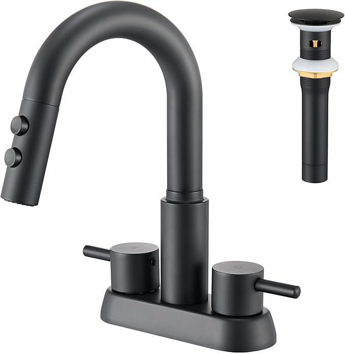 Kablle Bathroom Faucet with Pull Down Sprayer 3 Holes, Matte Black 4 inch 2 Handles Centerset Laundry Bar Basin Pull Out Bathroom Sink Faucet with Pop-Up Drain, KBL-6002B