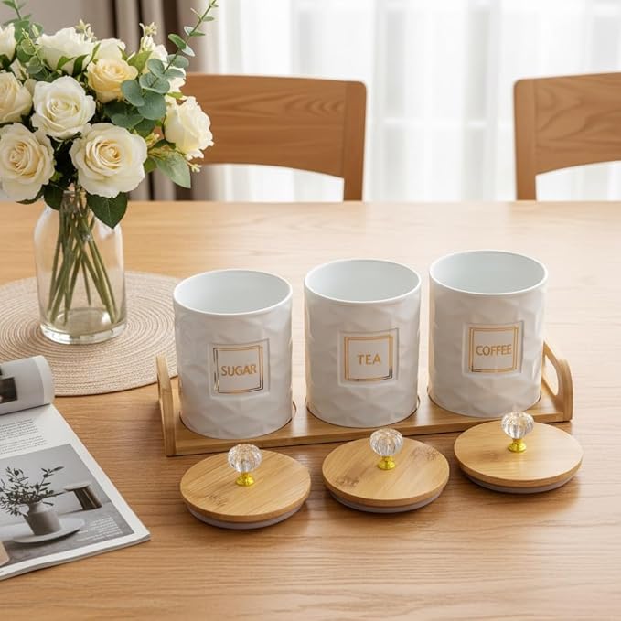 Airtight Ceramic Canisters Set of 3 with Wooden Tray - Kitchen Counter Storage Containers for Sugar, Coffee, Tea - Food Storage Jars with Wood Lids for Pantry, Coffee Bar & Home Organization