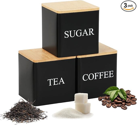 3 Pack 16oz Coffee Tea Sugar Container Set, Kitchen Canisters Set with Bamboo Lids, Stackable Food Storage Container Jars for Coffee Beans, Tea, Sugar, Flavourings, Cereals, Snacks (Black)