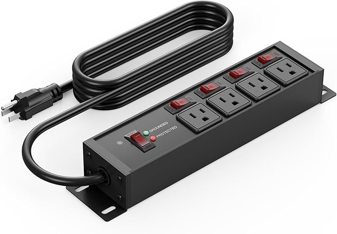 CCCEI Heavy Duty Surge Protector Power Strip 20 Amp Individual Switches. 25FT 12 Gauge Extension Cord with Multiple Outlets. Kitchen, Garage, Shop, Industrial Wall Mount Electric Extender, Black.