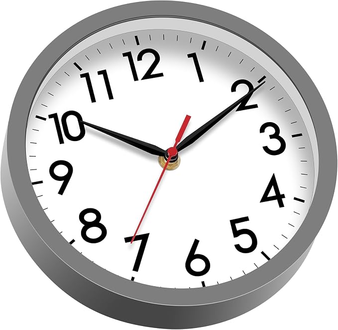 AKCISOT 8 Inch Wall Clock, Battery Operated Analog Clock, Silent Non-Ticking, Ideal for Bedroom, Bathroom, Kitchen, Office and School, Gray