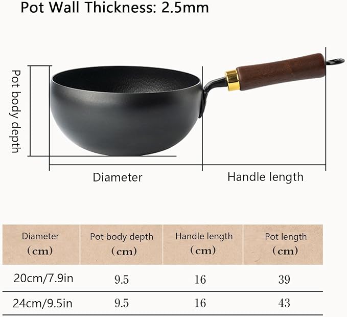 Mini Carbon Steel Wok Pan with Wooden Lid, Nonstick Stir Fry Skillet, Detachable Wooden Handle, Multi-Functional Cooking Pan for Gas Stoves,20cm/7.9in(24cm/9.5in)