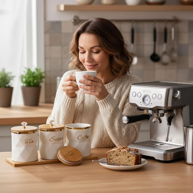 White Ceramic Storage Canister for Coffee Sugar Tea Containers Set of 3, Coffee Sugar Tea Canisters Set with Bamboo Lids and Tray, Airtight Food Storage Jars for Kitchen Pantry