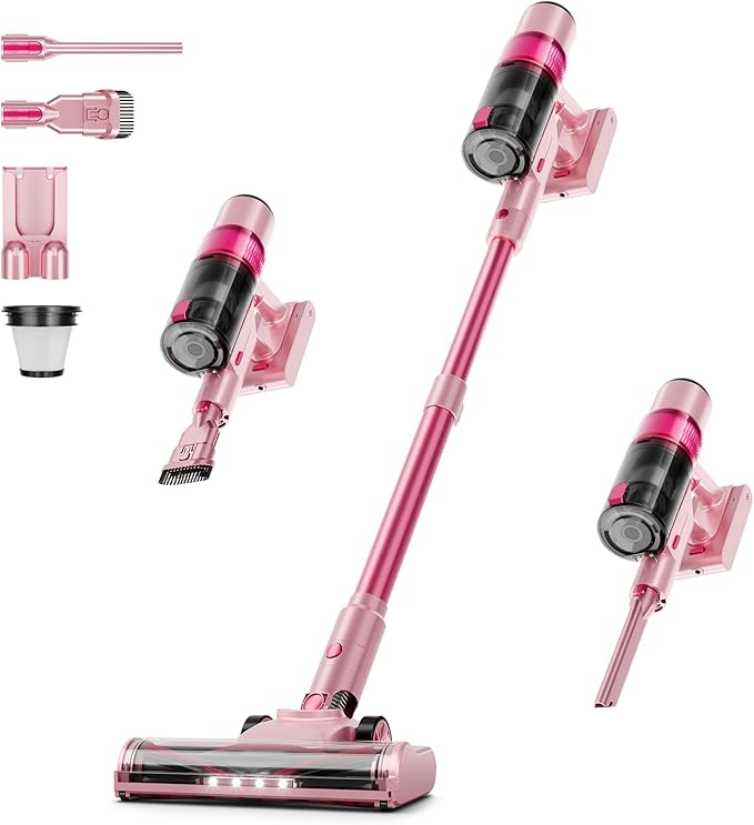 Cordless Vacuum Cleaner:Portable 6-in-1 Stick Vacuum with Anti-Tangle Brush | LED Headlight, Self-Standing, HD Display, Rechargeable Vacuum for Pet Hair, Low-Pile Carpet and Hardwood Floor-Dark Pink