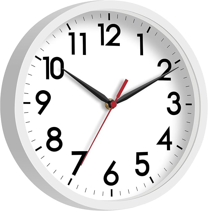 AKCISOT 8 Inch Wall Clock, Battery Operated Analog Clock, Silent Non-Ticking, Ideal for Bedroom, Bathroom, Kitchen, Office and School, White