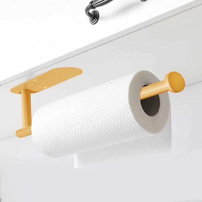 YeeBeny Yellow Paper Towel Holder - Self Adhesive or Drilling, Under Cabinet & Wall Mounted Roll Holder for Kitchen