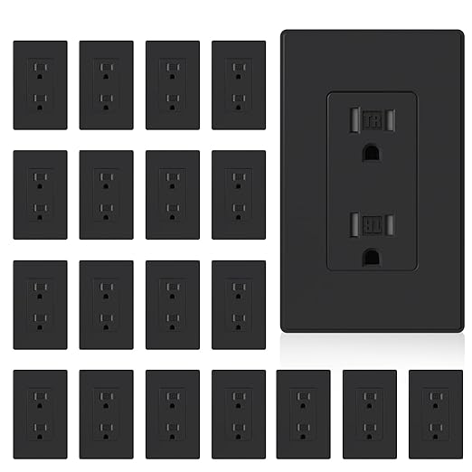 ELEGRP Matte Black Tamper Resistant Decorator Wall Receptacle Outlet, 15A 125V Electrical Outlet, Residential Grade, Self-grounding, Screwless Wall Plate Included, UL Listed, 20 Pack