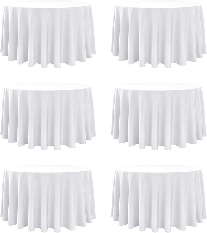 6-Pack White Round Tablecloths, 120 Inches, Stain-Resistant Polyester for 5-6 Ft Round Tables - Washable Table Covers for Weddings, Banquets, Birthday, Parties, Events