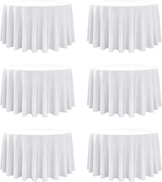 6-Pack White Round Tablecloths, 120 Inches, Stain-Resistant Polyester for 5-6 Ft Round Tables - Washable Table Covers for Weddings, Banquets, Birthday, Parties, Events