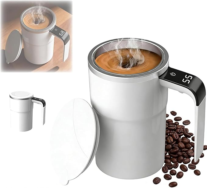 Rechargeable Automatic Magnetic Stirring Mug with Temperature Display, Self Stirring Coffee Cup for Home Office Travel, White with Detachable Stir Bar (White)