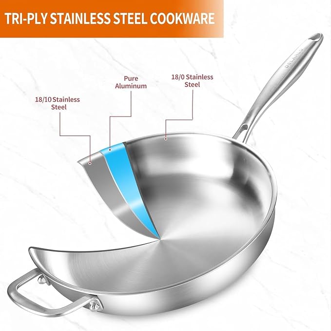 DELARLO Tri-ply Stainless Steel Pan 12 inch & 14 inch Frying Pan with Lid | Heavy Duty, PTFE & PFOA Free, Compatible with Induction, Electric up to 600℉, Fast & Even Heating, Oven Safe Skillet