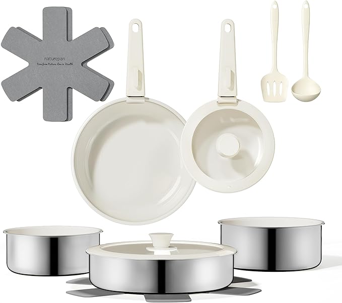 16pcs Nonstick Cookware Set, Diamond-Titanium Ceramic Coating & 3 Layer Stainless Steel Pots and Pans Set with Detachable Handle, Dishwasher Safe, Induction Compatible, Oven Safe, White