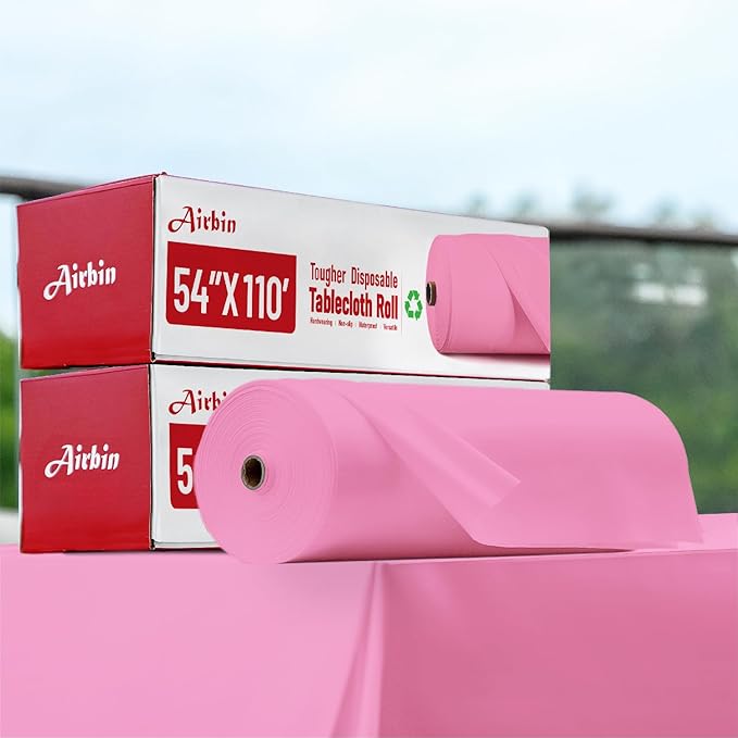Plastic Table Cloth, 110 Ft X 54 in Plastic Table Cloth Disposable Pink Tablecloth with Any Cut Sliding Cutters Premium PEVA Disposable Tablecloth for Picnics, Parties, Birthdays, Festivals