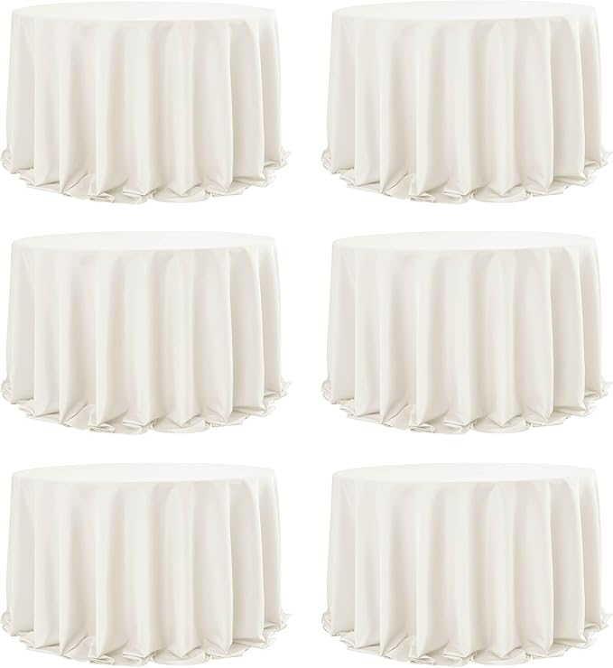 6-Pack Ivory Round Tablecloths, 132 Inches, Stain-Resistant Polyester for 6-8 Ft Round Tables - Washable Table Covers for Weddings, Banquets, Birthday Parties, Events