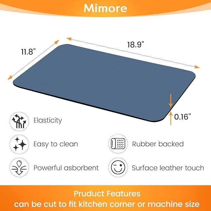 Mimore Coffee Mat - 12x19 Inch Blue Bar Mat for Countertop - Absorbent, Hides Stains, Rubber Backed - Dish Drying Mat Fits Under Coffee Maker, Espresso Machine