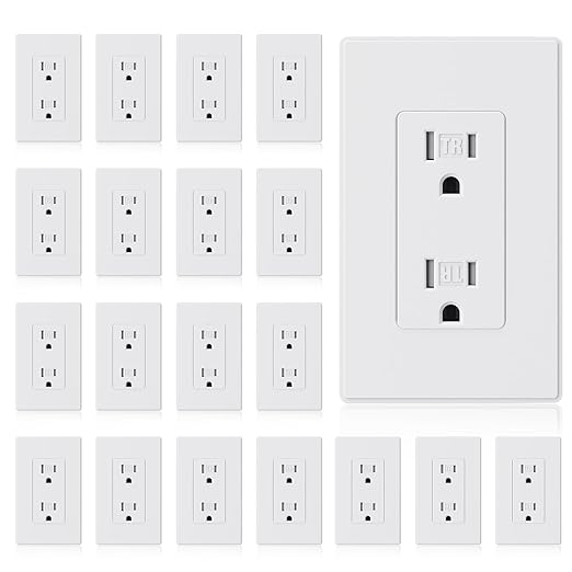 ELEGRP Matte White Tamper Resistant Decorator Wall Receptacle Outlet, 15A 125V Electrical Outlet, Residential Grade, Self-grounding, Screwless Wall Plate Included, UL Listed, 20 Pack