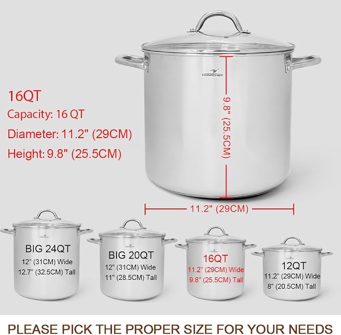 HOMICHEF 16 Quart LARGE Stock Pot with Glass Lid - NICKEL FREE Stainless Steel Healthy Cookware Stockpots with Lids 16 Quart - Mirror Polished Induction Cooking Pot