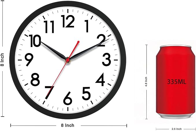 AKCISOT 8 Inch Wall Clock, Battery Operated Analog Clock, Silent Non-Ticking, Ideal for Bedroom, Bathroom, Kitchen, Office and School, Black