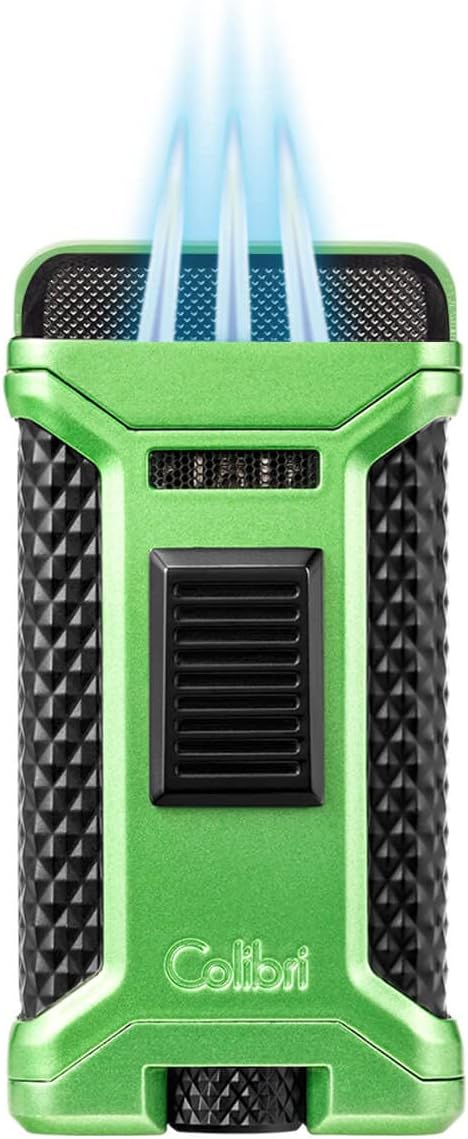 Colibri Ascari Triple Jet Torch Lighter, Windproof & Uses Butane Refill, Cigar Enthusiast's Choice with Integrated Punch, Blue Fuel Window, and Adjustable Flame (Metallic Green + Black)