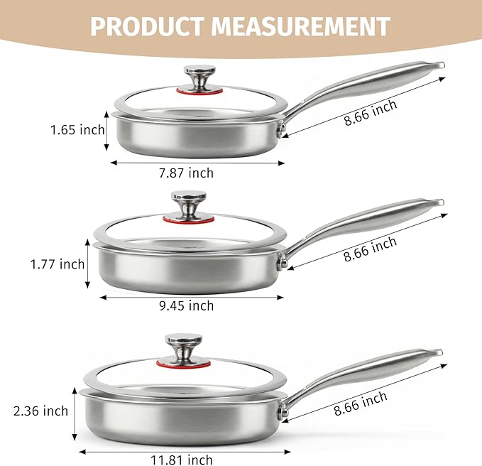 Tri-Ply Stainless Steel Frying Pan Set With Lids, 13pcs Stainless Steel Cookware Set with Detachable Handle, Induction Compatible Skillets for All Stovetops, Dishwasher and Oven Safe, Sliver
