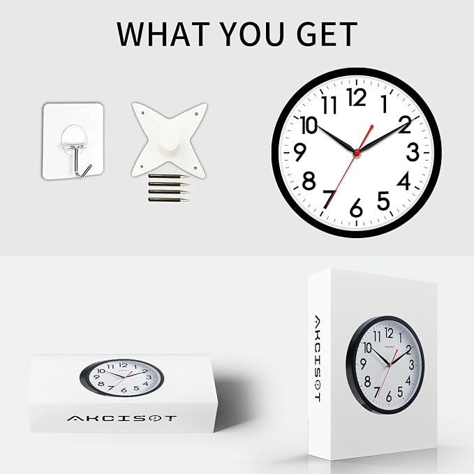 AKCISOT 14 Inch Wall Clock, Battery Operated Analog Clock, Silent Non-Ticking, Ideal for Bedroom, Bathroom, Kitchen, Office and School, Black