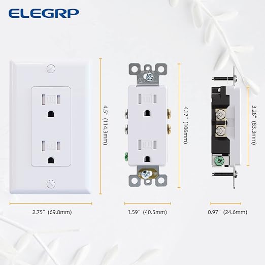 ELEGRP Decorator Wall Receptacle Outlet, Tamper Resistant 15 Amp Standard Electrical Wall Outlet, Residential Grade, Self-grounding, 125V, Wall Plate Included, UL Listed, Glossy White, 5 Pack