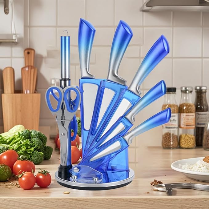 Kitchen Knife Set, 9 Pieces Purple Cleaver Knives Set with Rotatable Block, Non Stick Sharp Stainless Steel Chef Knife Set with Sharpener for Kitchen, Cooking Tools for Chefs Home Cooks (Blue)