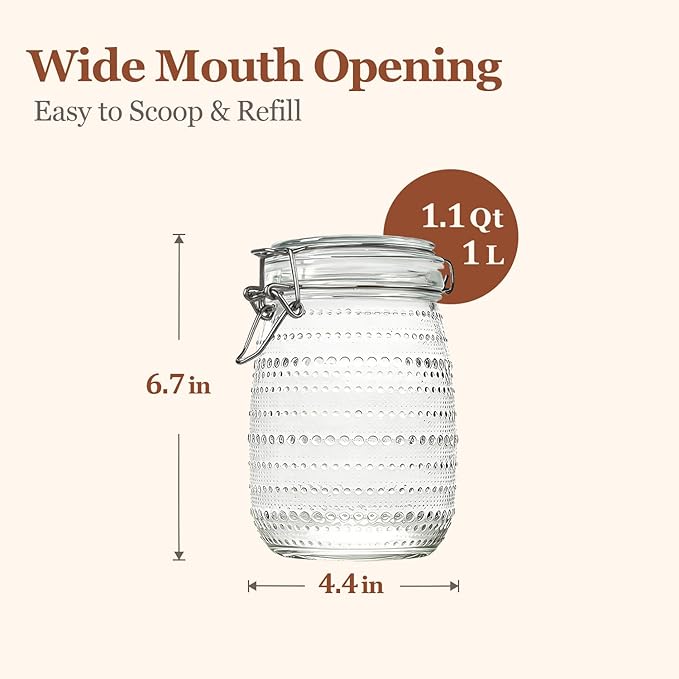 ComSaf 34oz / Set of 3 Glass Small Kitchen Canisters for Coffee Bar & Countertop,Decorative Apothecary Jars for Coffee Station,Embossed Storage Containers for Tea, Sugar, and as a Housewarming Gift