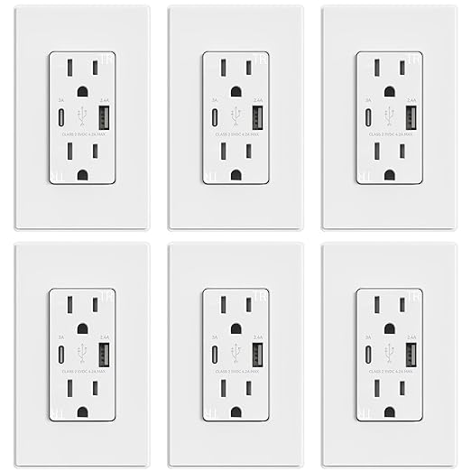 ELEGRP USB Outlets, 15 Amp Wall Outlet with USB Ports, 21W USB Outlets Receptacles with Type A & Type C Ports, Tamper Resistant Receptacle, Wall Plate Included, Ul Listed (6 Pack, Matte White)