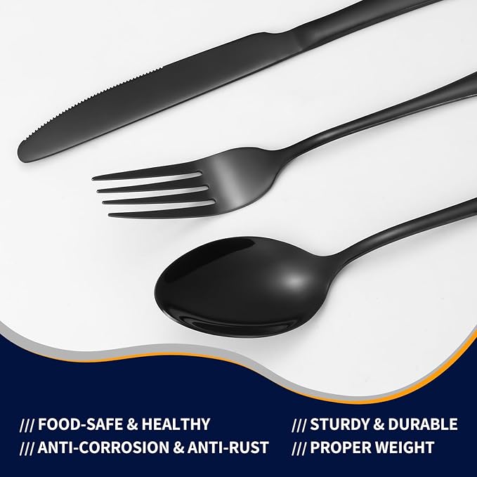Lazycorner 53 Piece Black Silverware Set for 8, Flatware Set with Steak Knives for 8 and 5 Serving Use Set 18/10 Stainless Steel Serving Utensils Set Cutlery Set For Restaurant Hotel Dishwasher Safe
