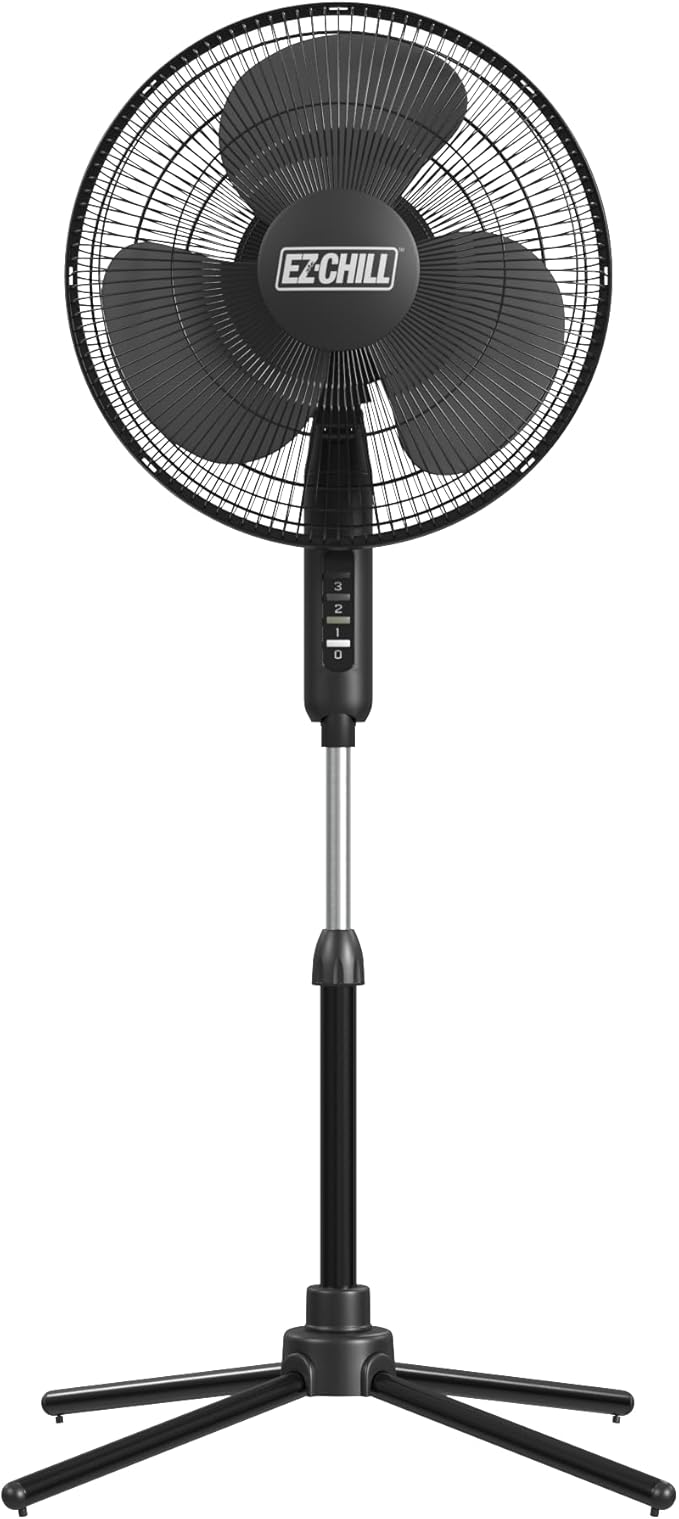 EZ-Chill 16” Oscillating Pedestal Fan, 3-speed Options, 90-Degree Oscillating Head, Adjustable Height and Tilt, Powerful Air Flow, Black, MTFS-16B-BLK
