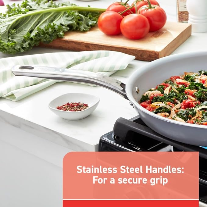 T-fal Fresh Gourmet Recycled Ceramic Non Stick Cookware Set 12 Piece, Oven Broiler Safe 500F, Lid Safe 350F, Kitchen Cooking Set W/Fry Pans, Saucepans, Dutch Oven, Utensils, Pots and Pans Set, Grey