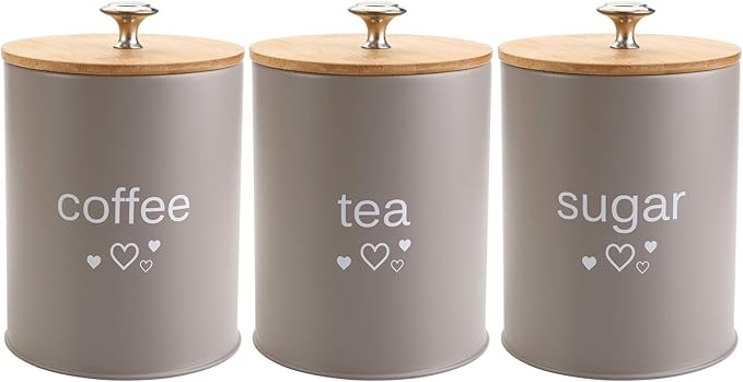 Fasmov Set of 3 Kitchen Canister Set, Coffee, Sugar, and Tea Storage Container Jars with Bamboo Lids for storing Sugar, Coffee and Tea, Gray
