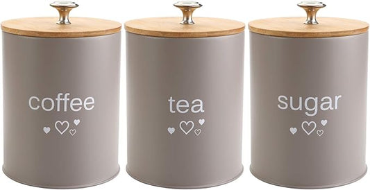 Fasmov Set of 3 Kitchen Canister Set, Coffee, Sugar, and Tea Storage Container Jars with Bamboo Lids for storing Sugar, Coffee and Tea, Gray